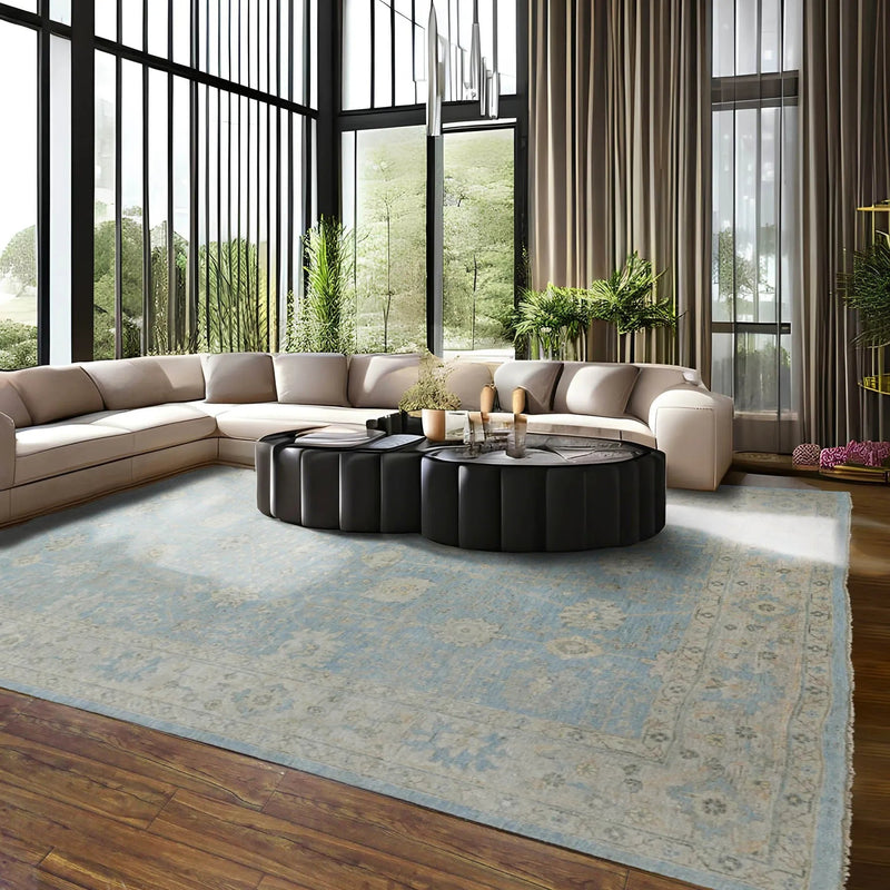 9x12 Blue, Beige Hand Knotted Afghan Oushak 100% Wool Traditional Oriental Area Rug