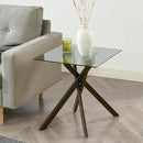 Modern Style Square Side Table with Grey Tempered Glass Top and Black Metal Tubular Legs with Gold Rim 20”Dx20”Wx22”H by CozyNest Decor