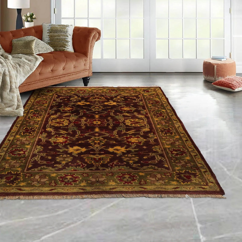 4x6 Aubergine, Green Hand Knotted 100% Wool Agra Traditional Oriental Area Rug