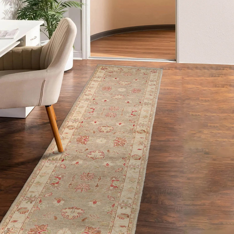 2'8''x9'9'' Runner Taupe, Beige Hand Knotted 100% Wool Chobi Peshawar Traditional Oriental Area Rug