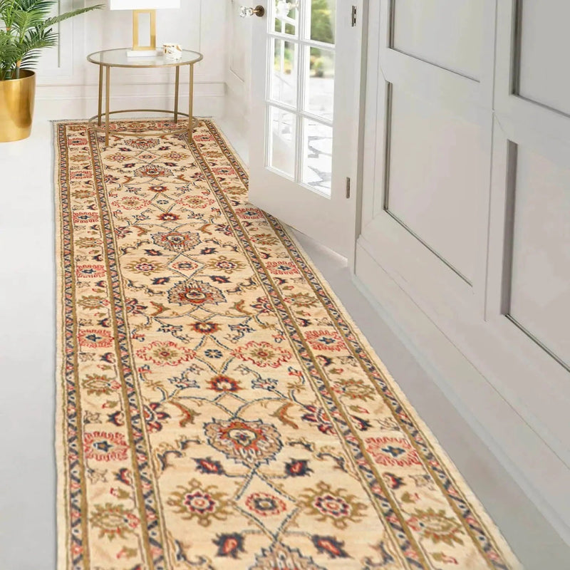 2'7''x13'4'' Runner Beige, Green Hand Knotted Persian 100% Wool Chobi Peshawar Traditional Oriental Area Rug