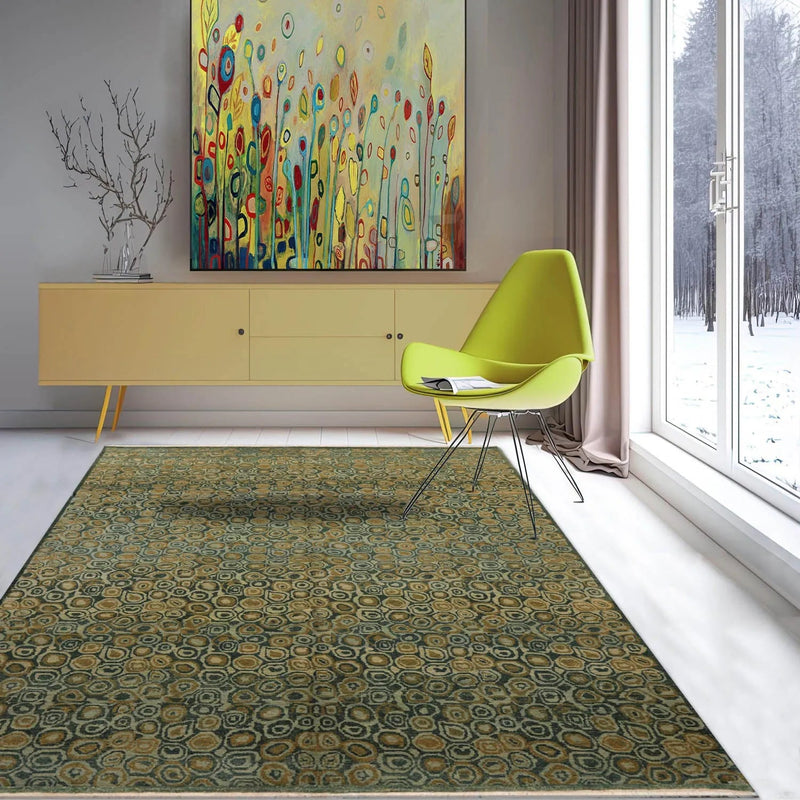 6x9 Green Hand Knotted Tibetan Wool and Silk Michaelian & Kohlberg Traditional Oriental Area Rug