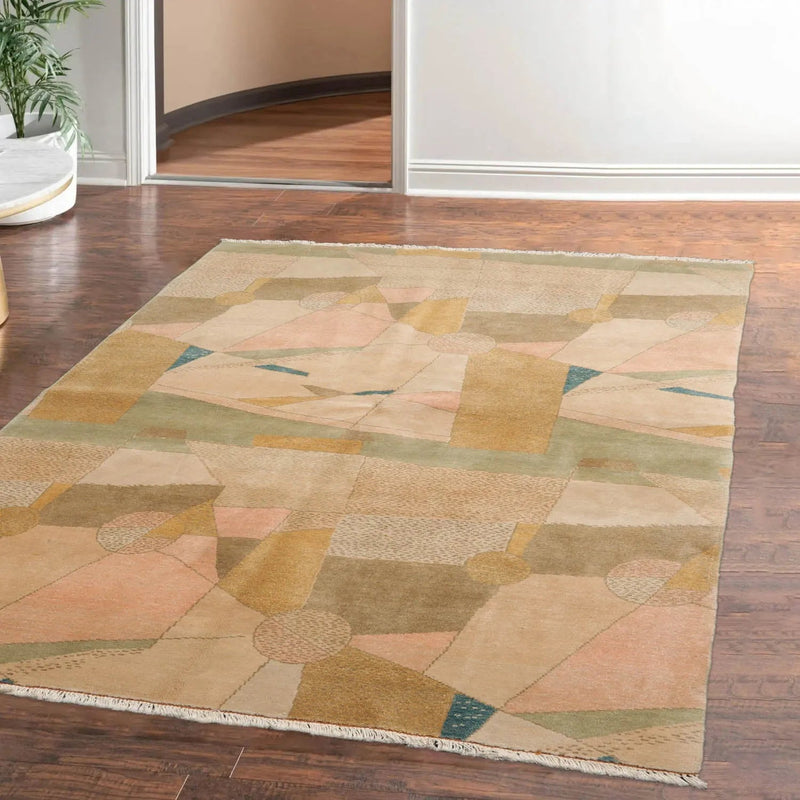 4x6 Beige, Mint Hand Knotted Tibetan 100% Wool Michaelian & Kohlberg Modern & Contemporary Oriental Area Rug