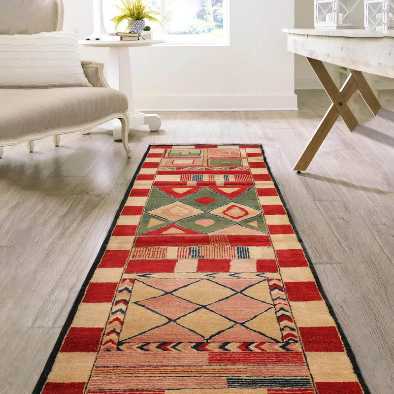 2'7''x12'3'' Runner Red, Green Hand Knotted Tibetan 100% Wool Michaelian & Kohlberg Modern & Contemporary Oriental Area Rug