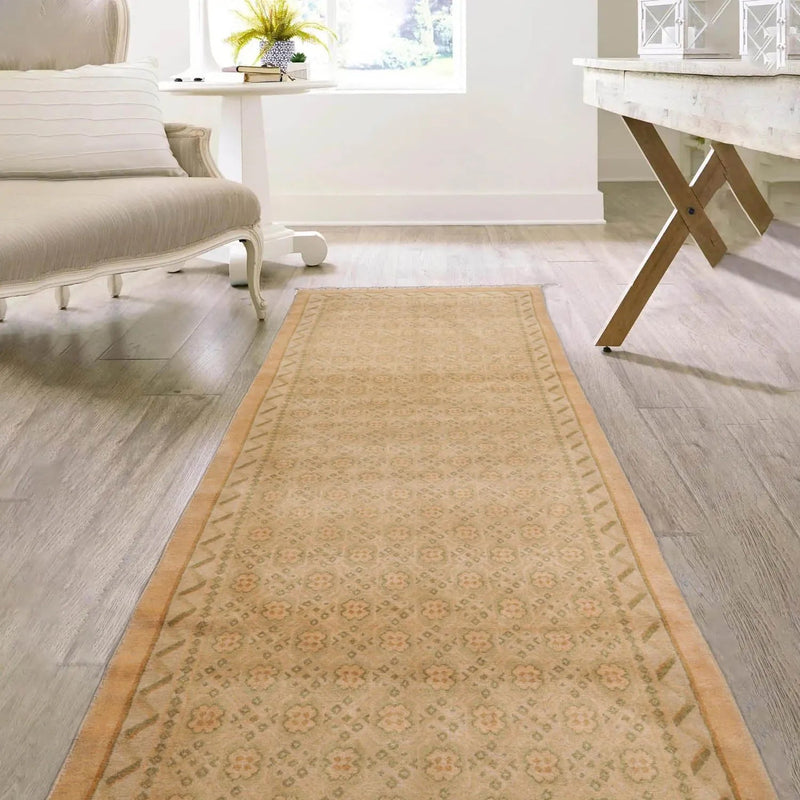3'9''x9' Runner Beige, Sage Hand Knotted Tibetan 100% Wool Michaelian & Kohlberg Transitional Oriental Area Rug
