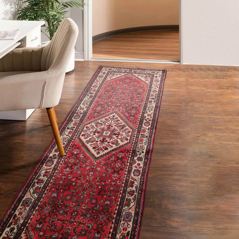 3'6" x 10'4" Runner Herizz Hand Knotted Red Medallion Traditional Wool Oriental Area Rug