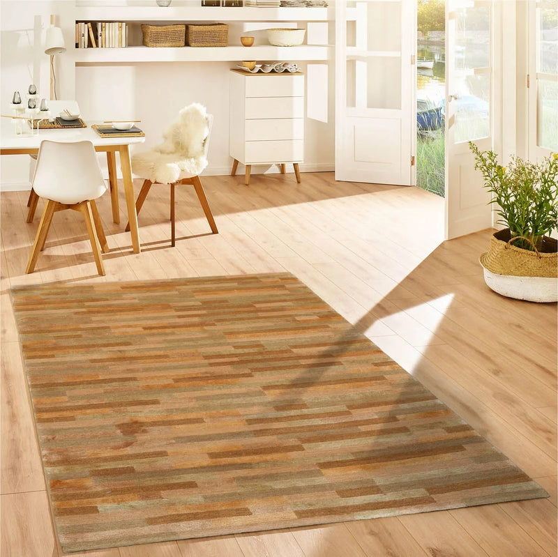 3x5 Gold Hand Knotted Tibetan Contemporary Striped Wool & Silk Oriental Area Rug