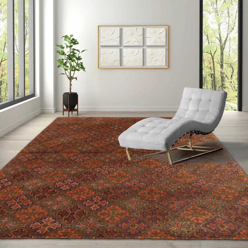 4x6 Brown Hand Knotted Tibetan Transitional  Floral Wool & Silk Oriental Area Rug