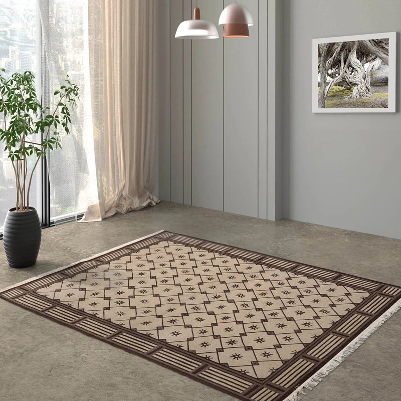 5x8 Beige Hand Knotted Tibetan Art Deco Trellis Wool Oriental Area Rug