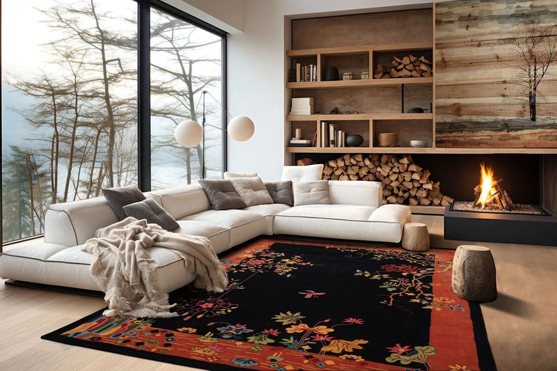 LoomBloom  Multi Sizes Black Hand Tufted Floral Chinese Art Deco New Zealand Wool Oriental Area Rug