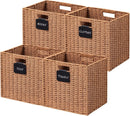UBBCARE 4 Pack Wicker Basket, 12×12 Storage Cubes with Label, Foldable Cube Storage Bin with Handle, Square Storage Basket for Shelves, Woven Paper Rope Basket for Organizing, Caramel by GreenHaven Gardens
