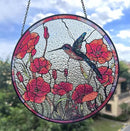 7.8'' Hummingbird Suncatcher Stained Glass Suncatchers - Originally Designed Hummingbird Red Poppies Ornament for Sun Catcher Indoor Window | Gifts for Hummingbird Lovers Painted Glass Panel Decor by GreenHaven Gardens
