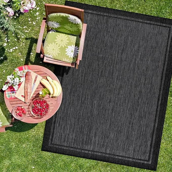 CAMILSON Indoor Outdoor Rug, 9x12 Bordered Dark Grey Black Modern Large Area Rugs for Indoor and Outdoor Patios, Kitchen and Hallway Mats, Washable Porch Deck Outside Carpet (Bordered Black, 9 x 12), photo 2 of 9