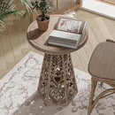 Rustic Farmhouse Wooden End Table, Distressed Round Accent Table with Intricate Carved Floral Patterns, Boho, for Living Room, Bedroom, or Entryway, Distressed Wood Color by CozyNest Decor