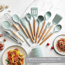Country Kitchen Non Stick Silicone Utensil Set with Rounded Wood Handles for Cooking and Baking, 14 Piece Set, Mint by CozyNest Decor