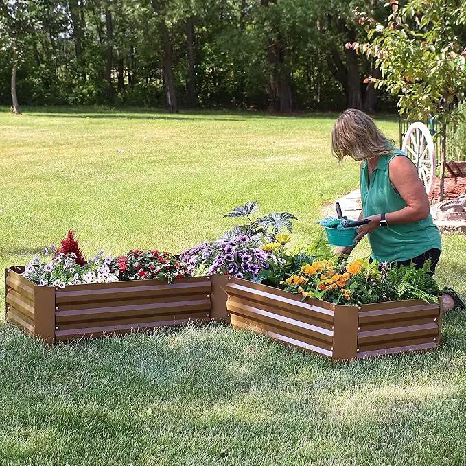 Sunnydaze 11.75" H Raised Metal Garden Bed - Galvanized Raised Garden Bed Outdoor for Vegetables and Flowers - Brown - L-Shaped, photo 8 of 9