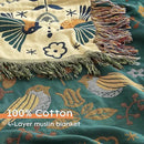 Boho Throw Blanket for Bed 80”x90”, 100% Cotton Woven Blanket for Couch Sofa, Ultra Soft 4-Layer Muslin Quilt with Bird Floral Printed, Farmhouse Bed Blanket/Cover for Living Room Decor by CozyNest Decor