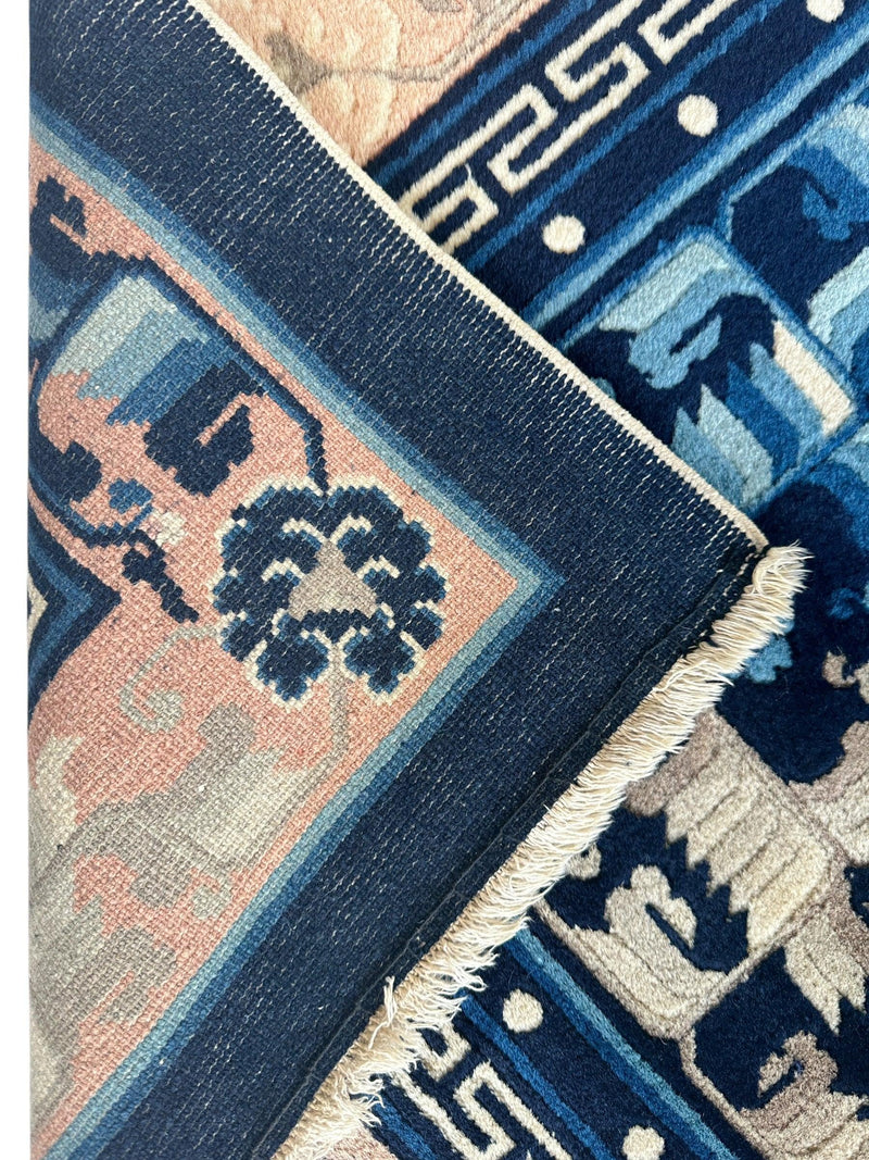 Hand-Knotted Antique Chinese Peking Wool Rug – 5’6” x 7’6” – Full Pile Navy and Cream Design