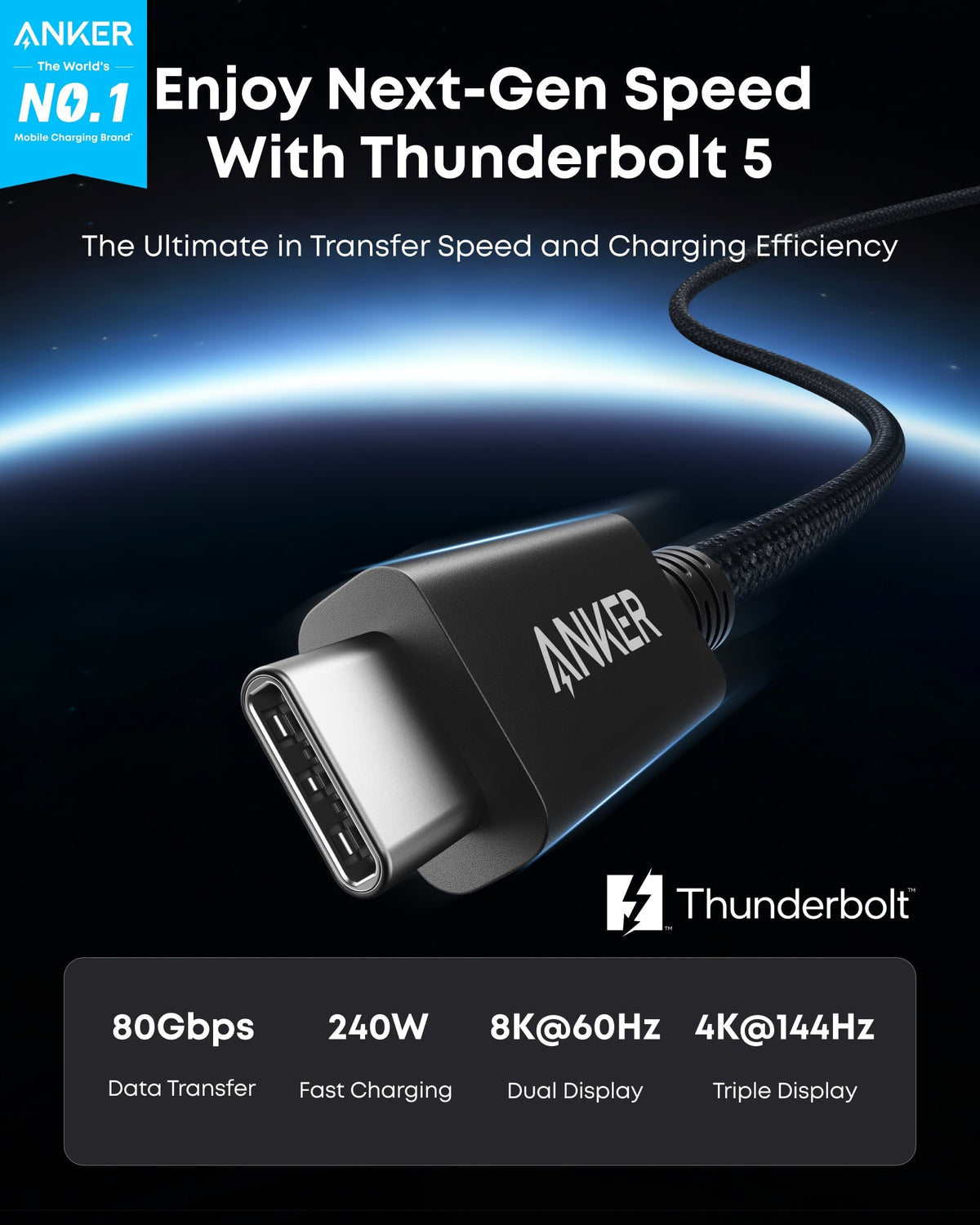 Anker Prime Thunderbolt 5 Cable (3.3 ft/1.7 ft, 80 Gbps, 240W), photo 7 of 14
