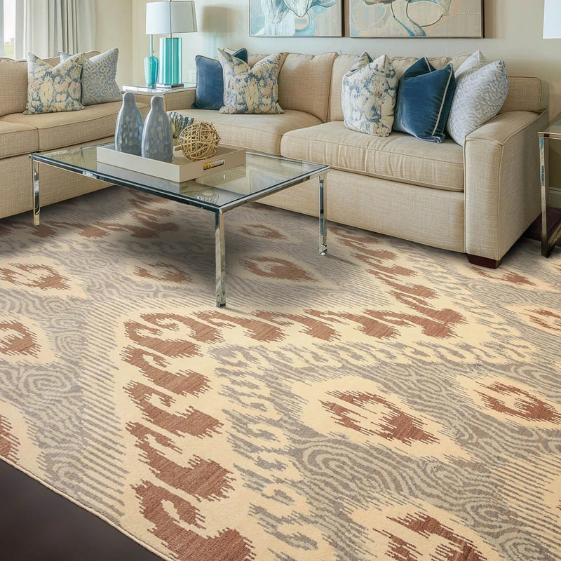 8' x 10' Hand Knotted 100% Wool Ikat Bold Design Oriental Area Rug Beige