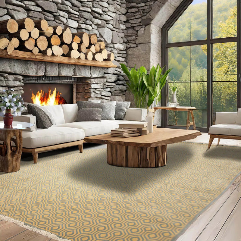 9' x 12' Hand knotted Honeycomb Wool Full Pile Area Rug Light blue Gold