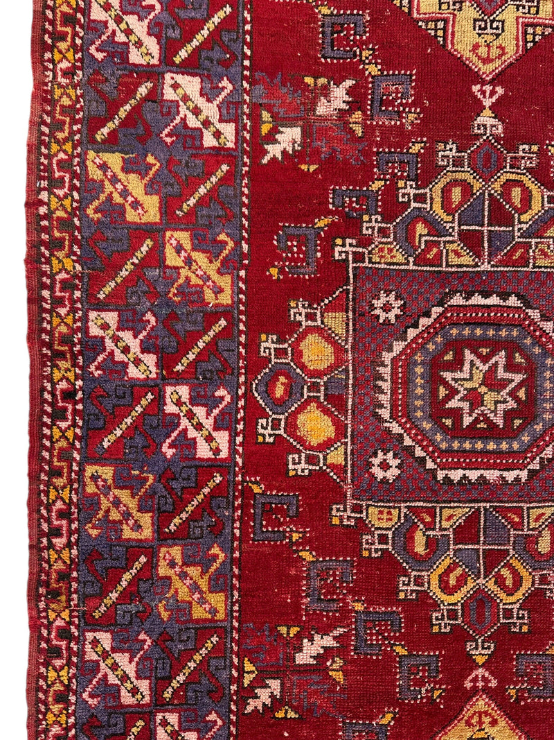 Dezgiri Anatolian Tribal Wool Rug – 5’x8’– Hand-Knotted Red Medallion Rug with Geometric Motifs
