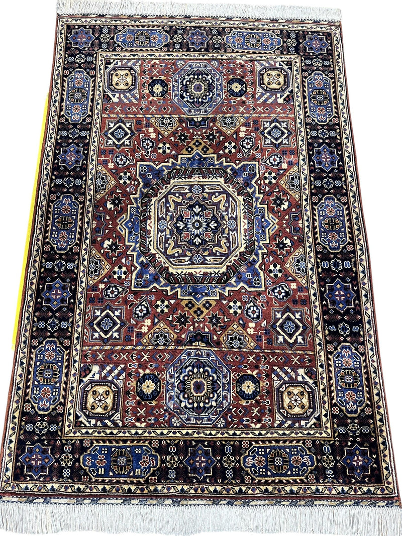 Hand-Knotted Afghani Blue & Brown Mamluk Wool Rug – 40” x 62”