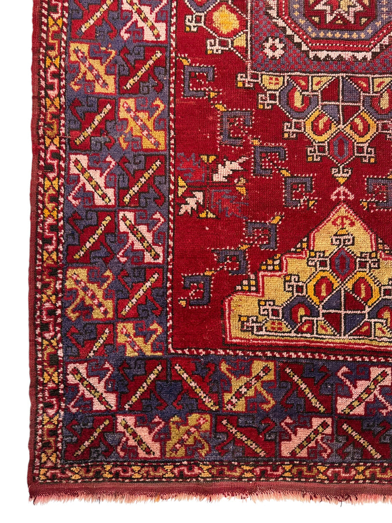 Dezgiri Anatolian Tribal Wool Rug – 5’x8’– Hand-Knotted Red Medallion Rug with Geometric Motifs