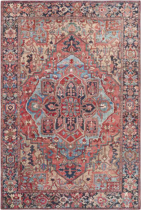 Manche Traditional Bright Red/Navy/Wheat/Ice Blue/Grass Green/Ivory Area Rug