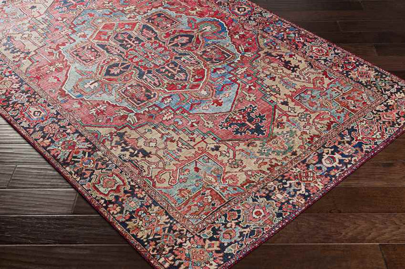 Manche Traditional Bright Red/Navy/Wheat/Ice Blue/Grass Green/Ivory Area Rug