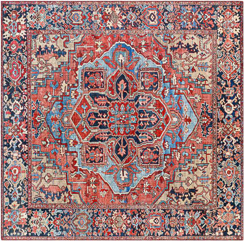 Manche Traditional Bright Red/Navy/Wheat/Ice Blue/Grass Green/Ivory Area Rug