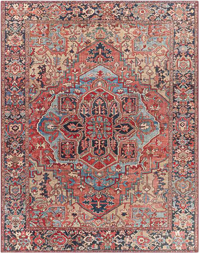 Manche Traditional Bright Red/Navy/Wheat/Ice Blue/Grass Green/Ivory Area Rug