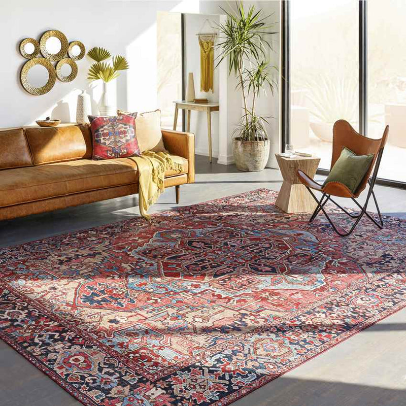 Manche Traditional Bright Red/Navy/Wheat/Ice Blue/Grass Green/Ivory Area Rug