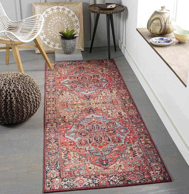 Manche Traditional Bright Red/Navy/Wheat/Ice Blue/Grass Green/Ivory Area Rug