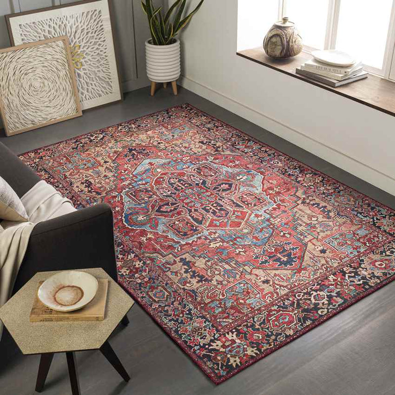 Manche Traditional Bright Red/Navy/Wheat/Ice Blue/Grass Green/Ivory Area Rug