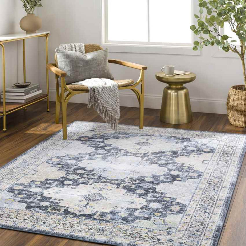 Valeria Traditional Ink Blue Washable Area Rug