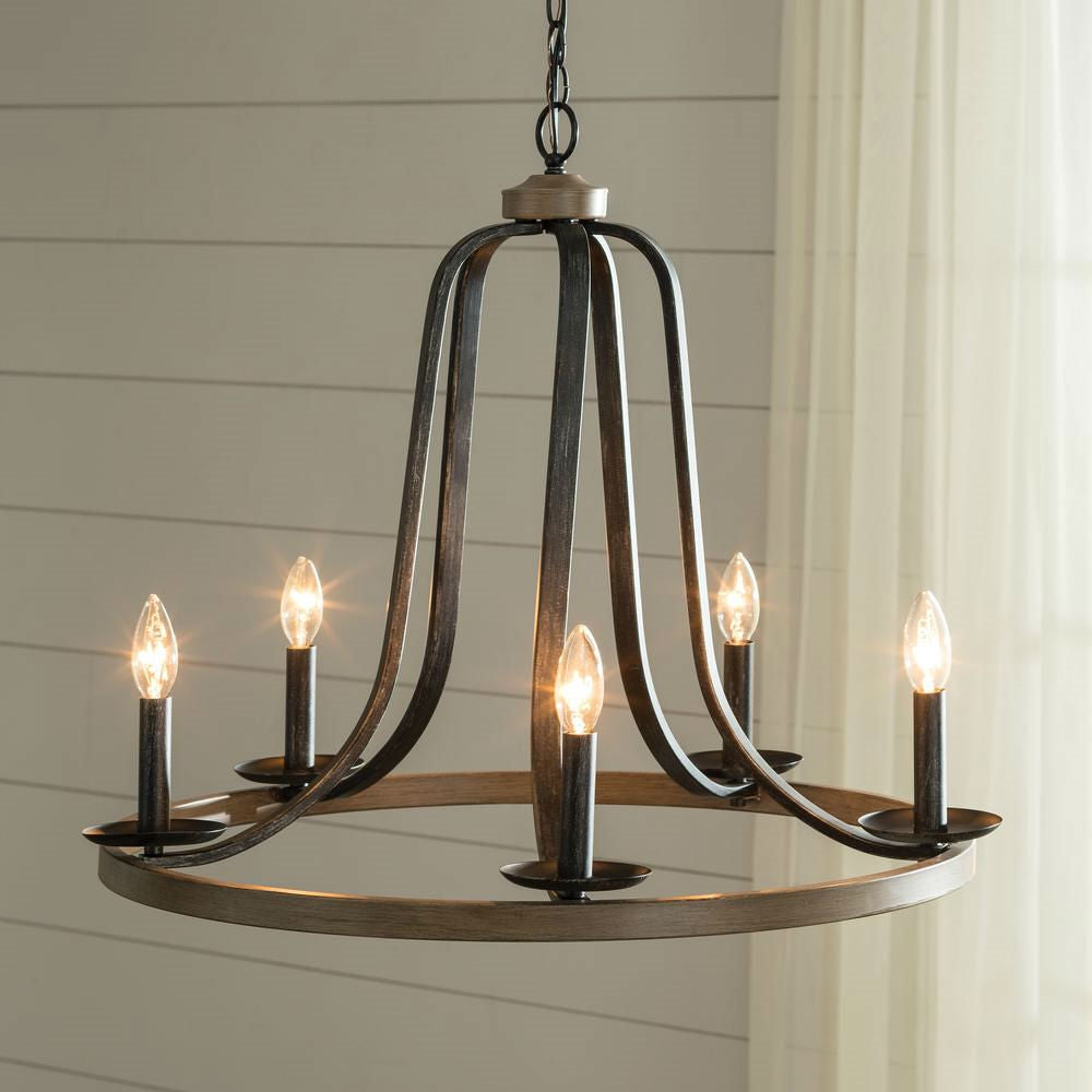 Rustic 5 Light Dimmable Farm Home Circle Metal Chandelier Oak Finish, photo 2 of 3