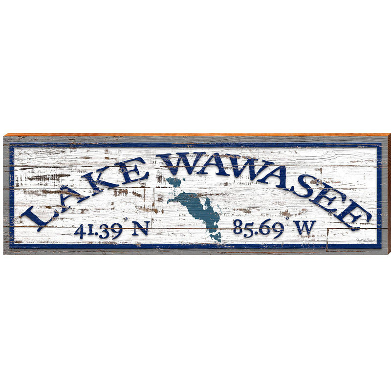 Lake Wawasee Lake Shape White Shabby Latitude Longitude | Wall Art Print on Real Wood