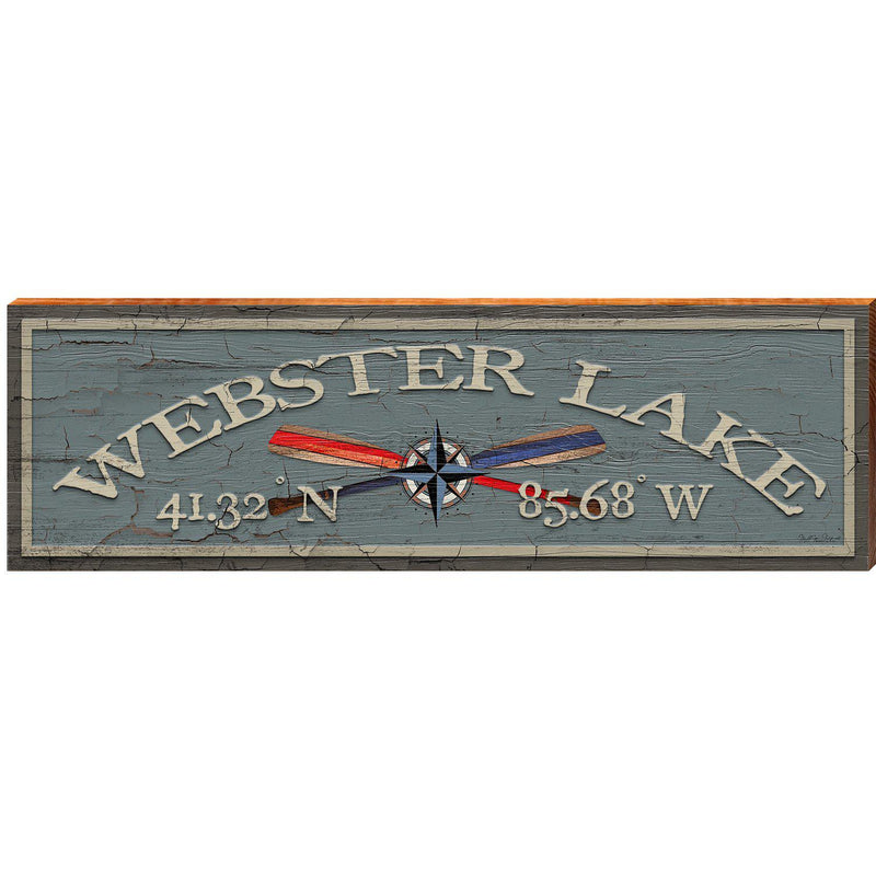 Webster Lake Compass Paddles Blue Latitude Longitude | Wall Art Print on Real Wood