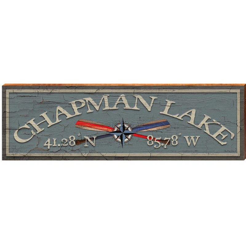 Chapman Lake Compass Paddles Blue Latitude Longitude | Wall Art Print on Real Wood