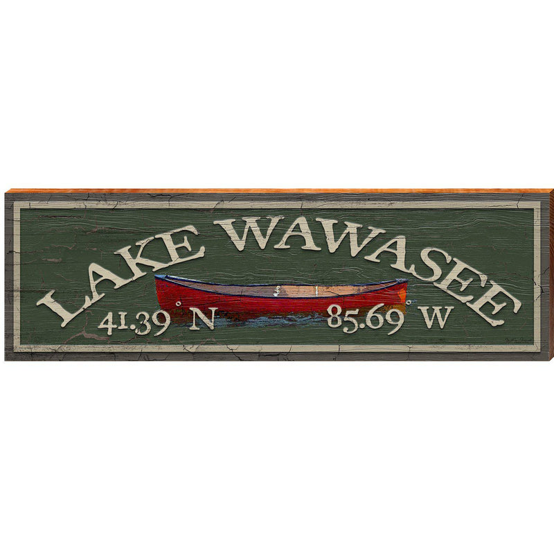 Lake Wawasee Latitude Longitude Red Canoe Green Home Decor Art Print on Real Wood