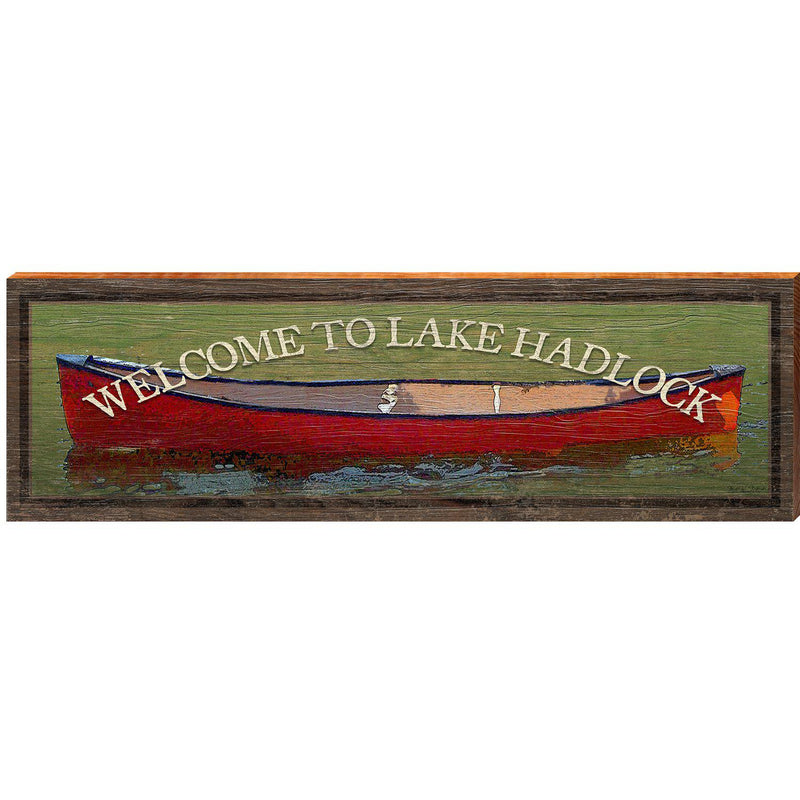 Welcome to Lake Hadlock Red Canoe Home Decor Art Print on Real Wood