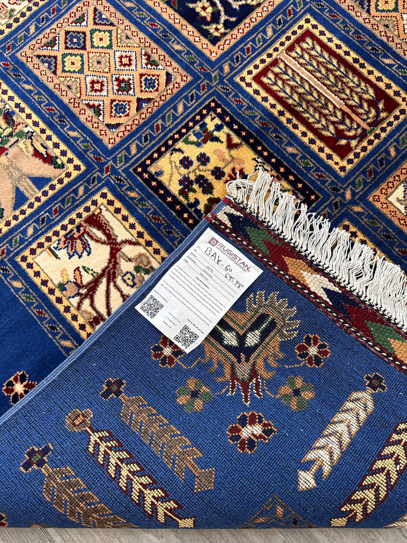 6'9″ x 10' Hand-Knotted Afghani Bakhtiari Wool Rug – Persian Garden Design – Blue & Cream