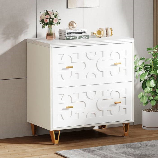 Retro White/Gold Geometric Scroll 2 Drawer Filing Cabinet Printer Stand, photo 2 of 5