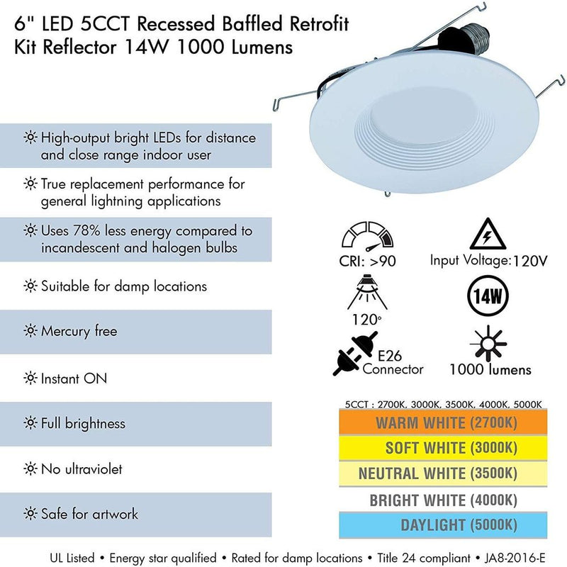 AH Lighting A7 6" LED Selectable 5CCT 14W Recessed Baffled or Smooth Retrofit Kit Reflector