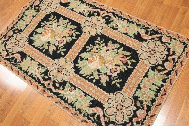 3'x5' Black, Peach, Green, Multi Color Hand Made Needlepoint Aubusson Oriental Rug