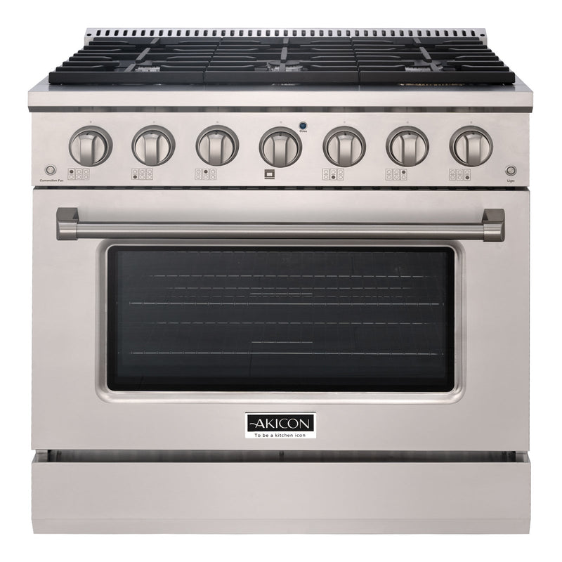 Akicon 36" Stainless Steel Range Hood with 600 CFM Insert & 6-Burner Gas Range Combo – Powerful Ventilation, Convection Oven, Multiple Finishes
