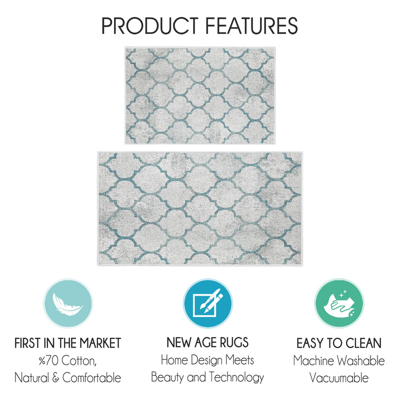 Geometric Design Non Skid Washable Kitchen Runner Rugs Set of 2| 44 x 24 and 31.5 x 20 Inches Floor Mats |Gray&Teal