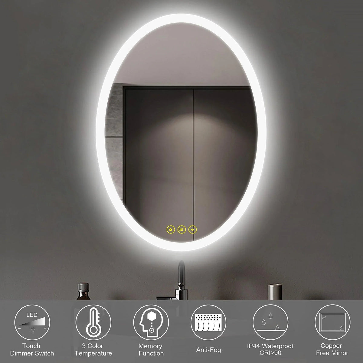 LuminaMirror Oval Frameless LED Anti-Fog Dimmable Bathroom Vanity Mirror, photo 3 of 14