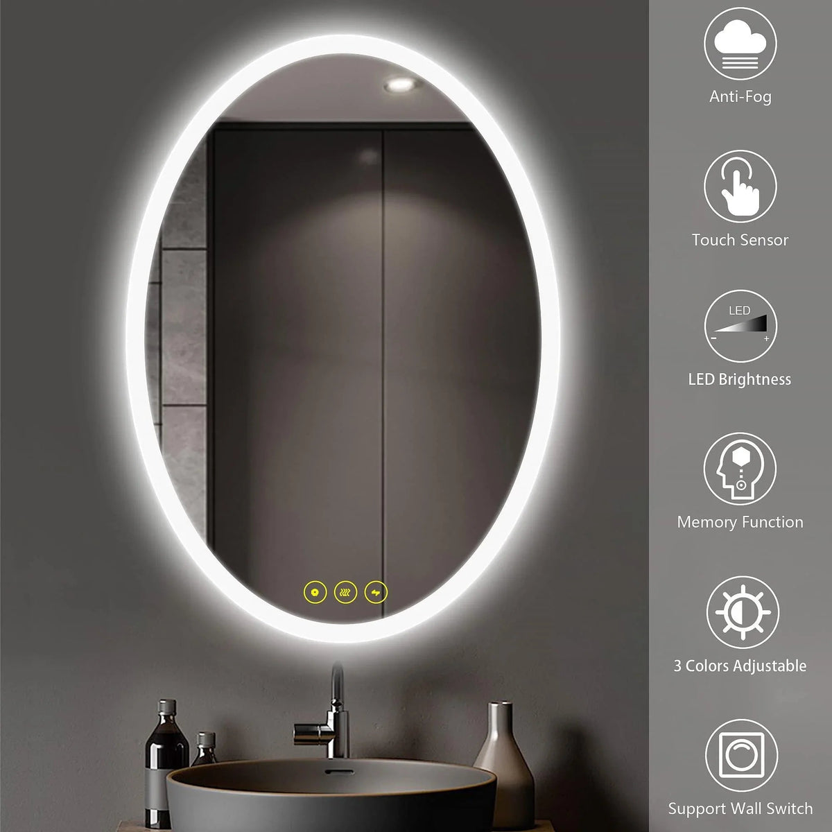 LuminaMirror Oval Frameless LED Anti-Fog Dimmable Bathroom Vanity Mirror, photo 9 of 14